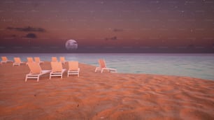 Una fila de sillas de jardín sentadas en la parte superior de una playa de arena