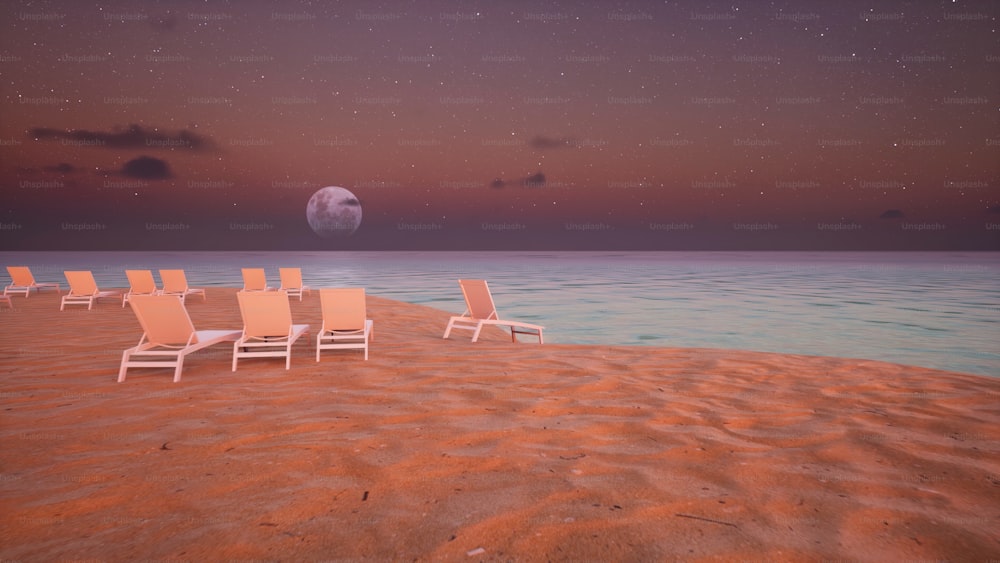 Una fila di sedie a sdraio sedute sulla cima di una spiaggia sabbiosa
