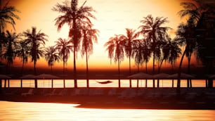 the sun is setting over the water and palm trees