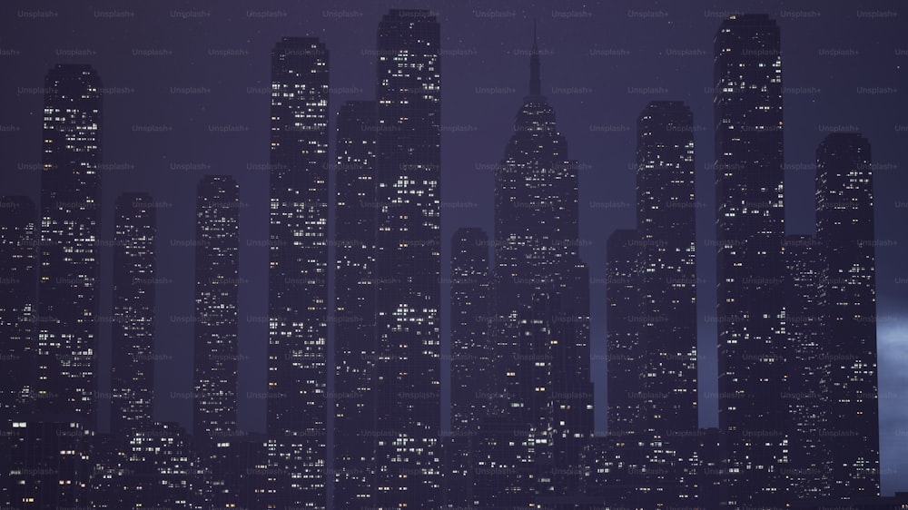 Eine Stadt bei Nacht mit vielen hohen Gebäuden