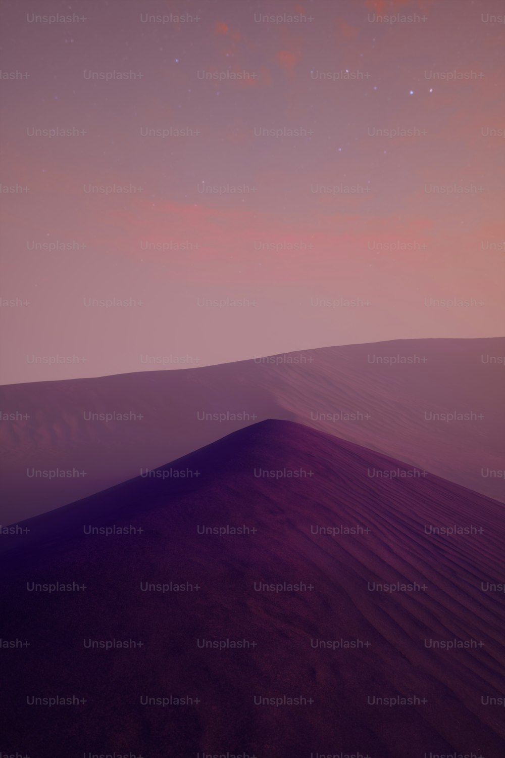 Un paisaje desértico con un cielo púrpura y estrellas