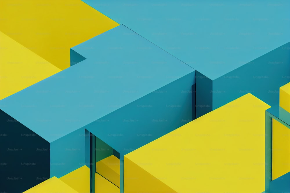 a blue and yellow abstract painting of a building