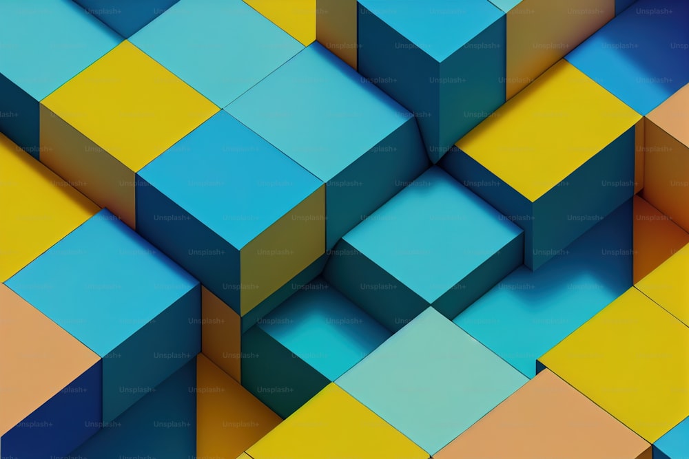 an abstract image of cubes in blue, yellow, and orange