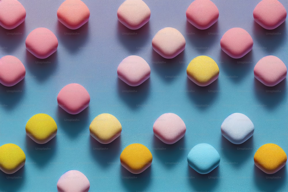 a close up of many different colored marshmallows