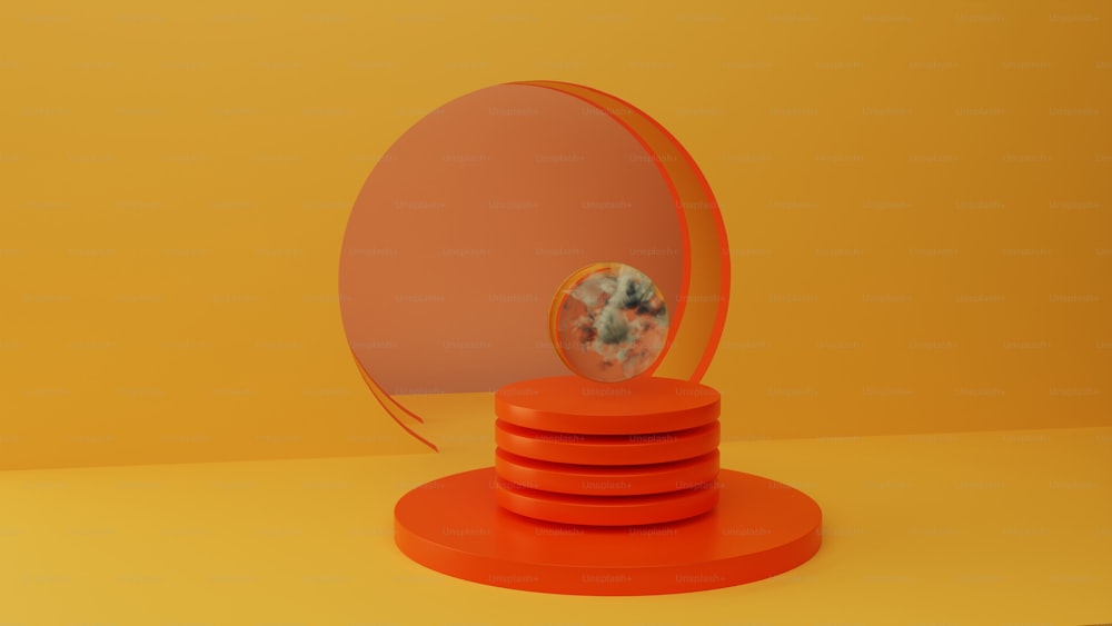 a donut sitting on top of a stack of orange plates