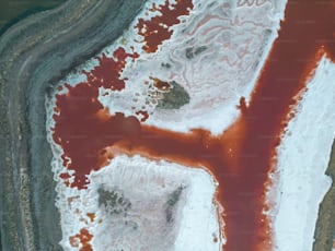 an aerial view of a body of water covered in red substance