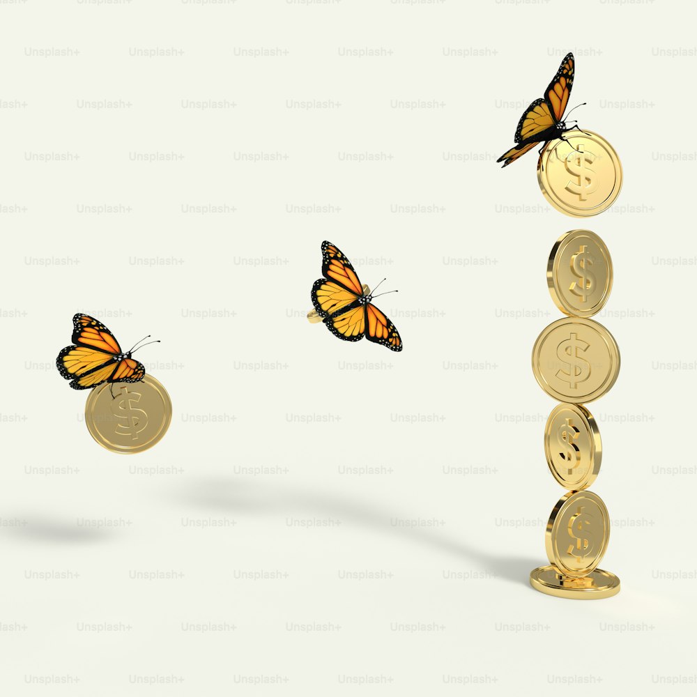 a butterfly flying over a stack of coins