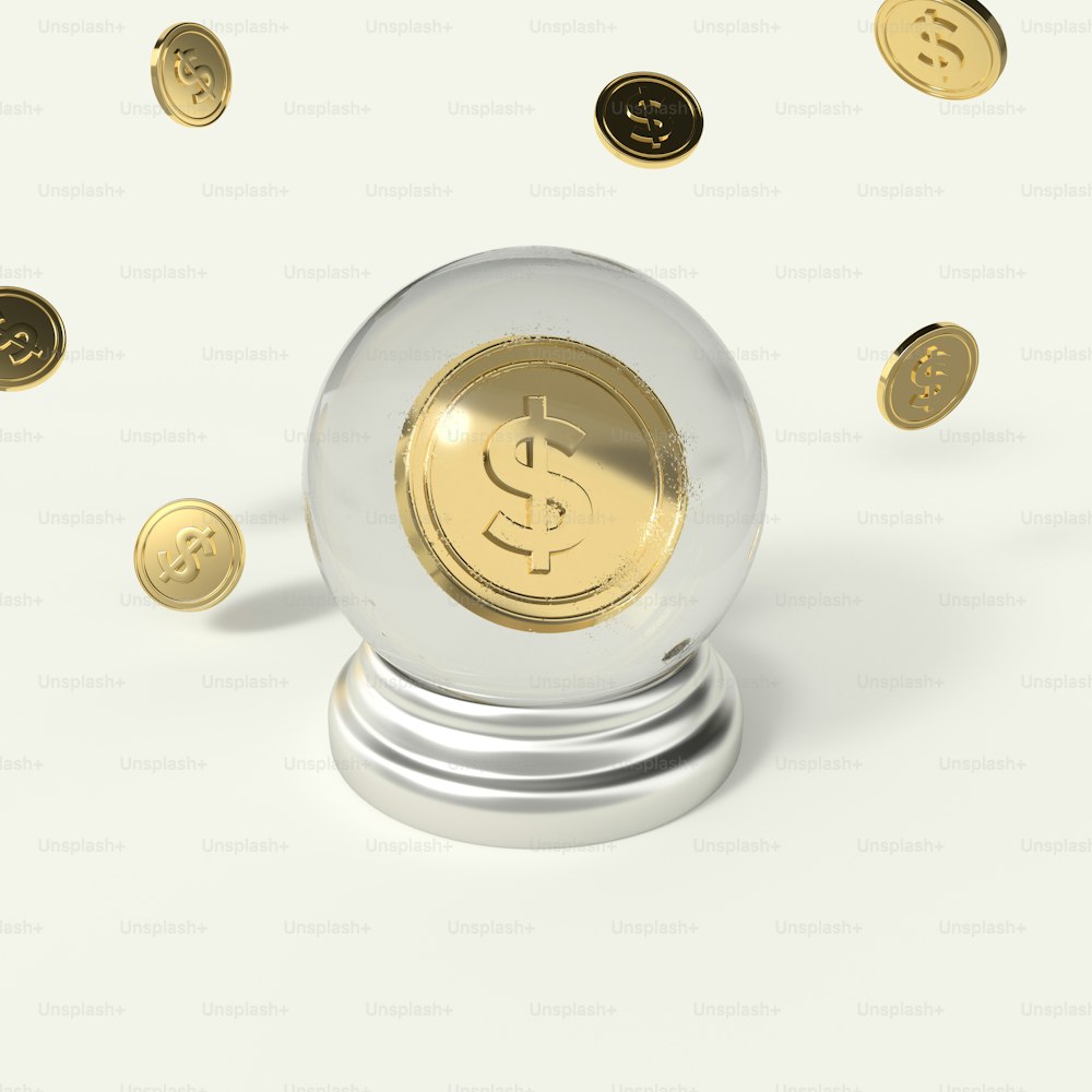 un trofeo di vetro con un simbolo del dollaro d'oro sopra di esso