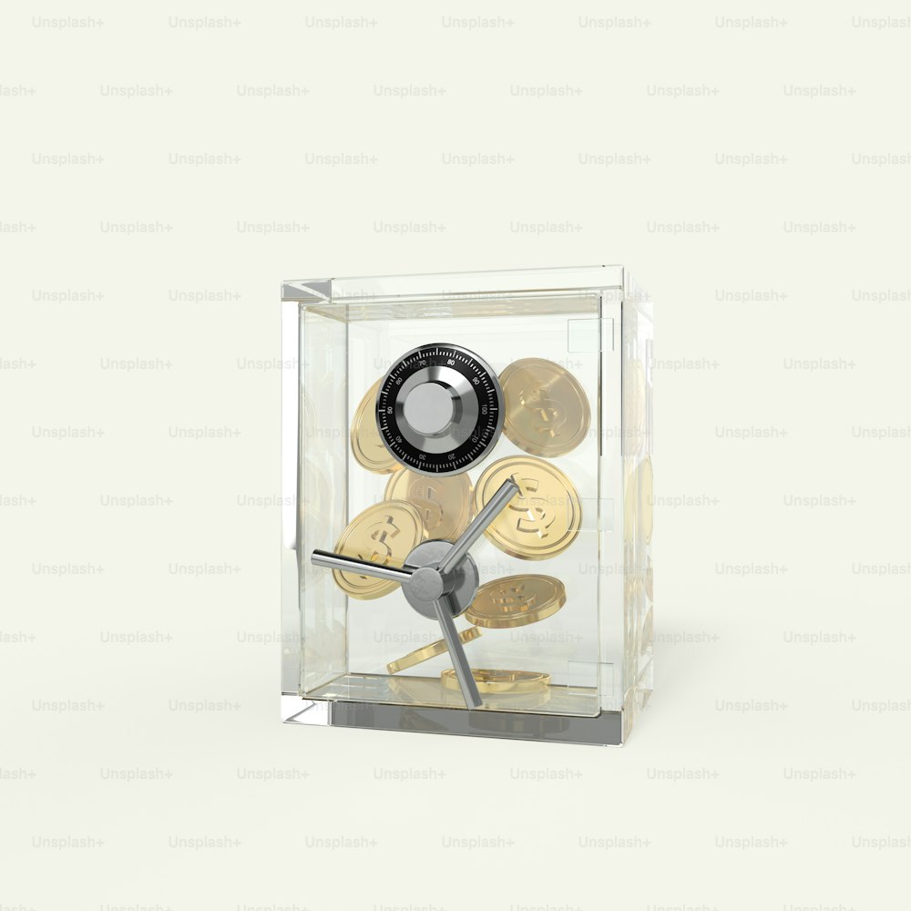 a clock made out of coins in a glass box