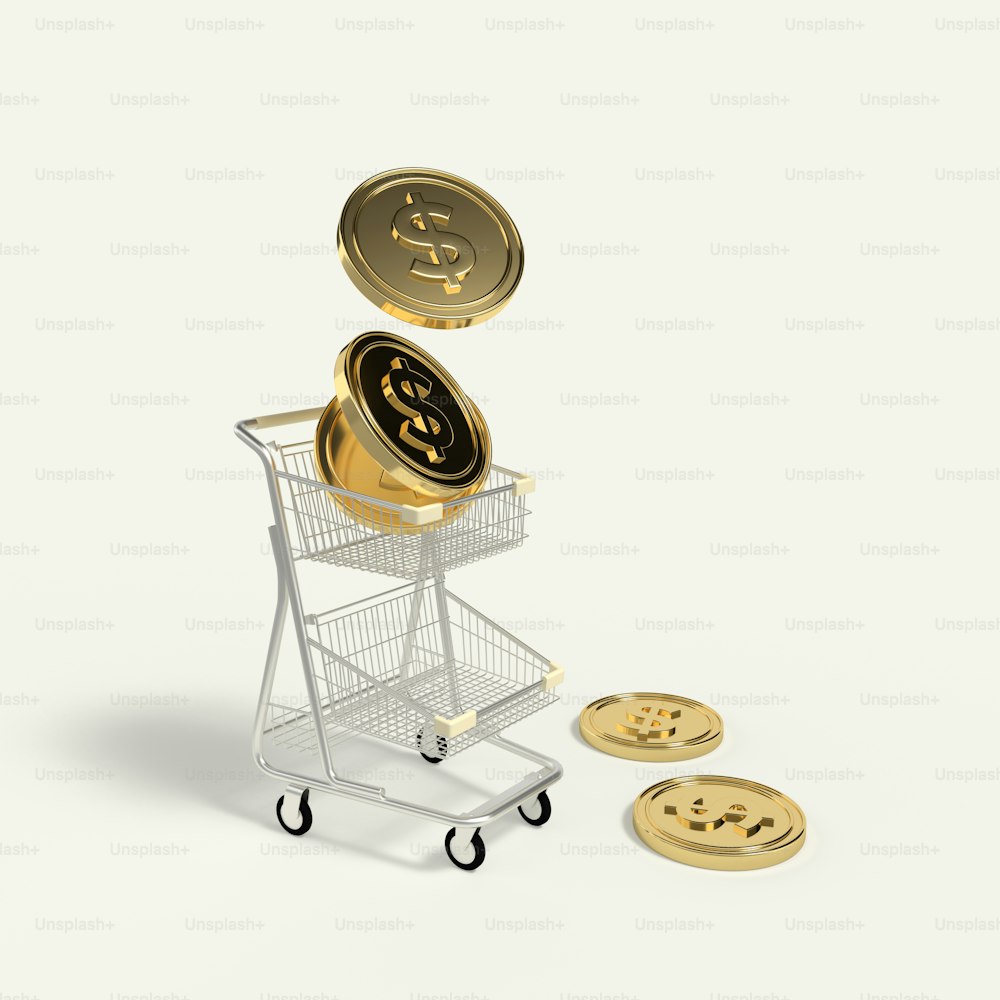 a shopping cart filled with gold coins