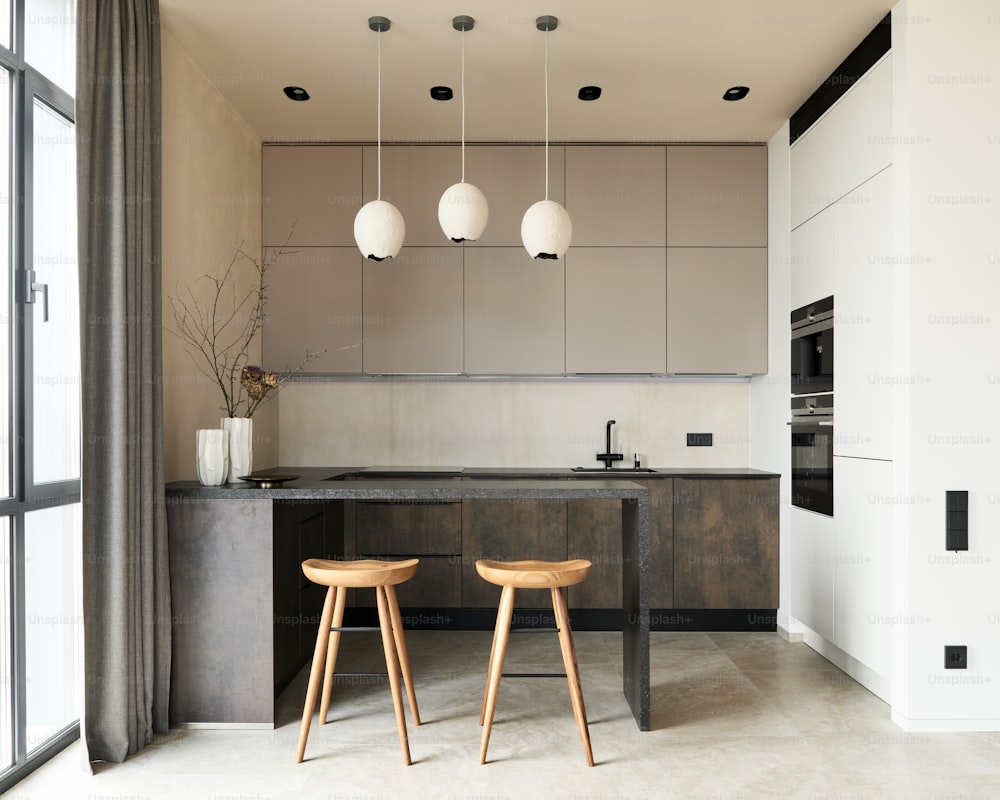 a kitchen with two stools in front of a counter