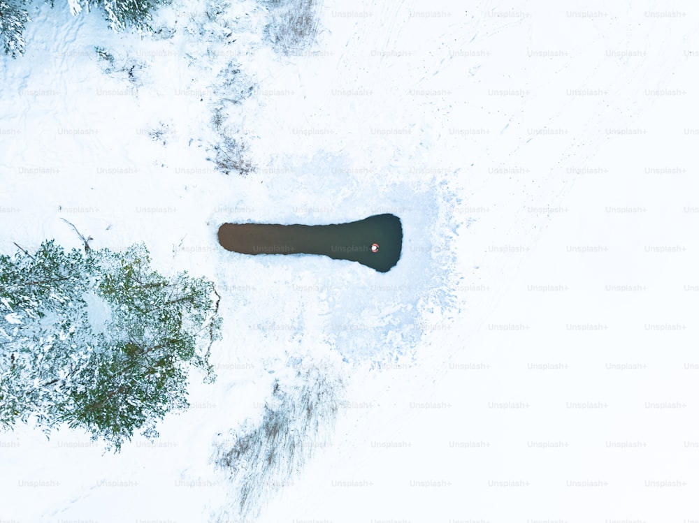 an aerial view of a person standing in the snow