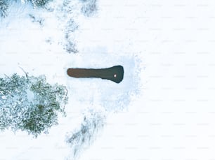 uma vista aérea de uma pessoa em pé na neve