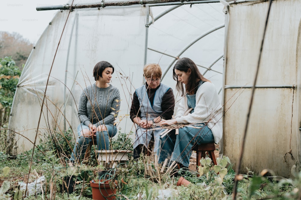 a group of three women sitting next to each other in a greenhouse