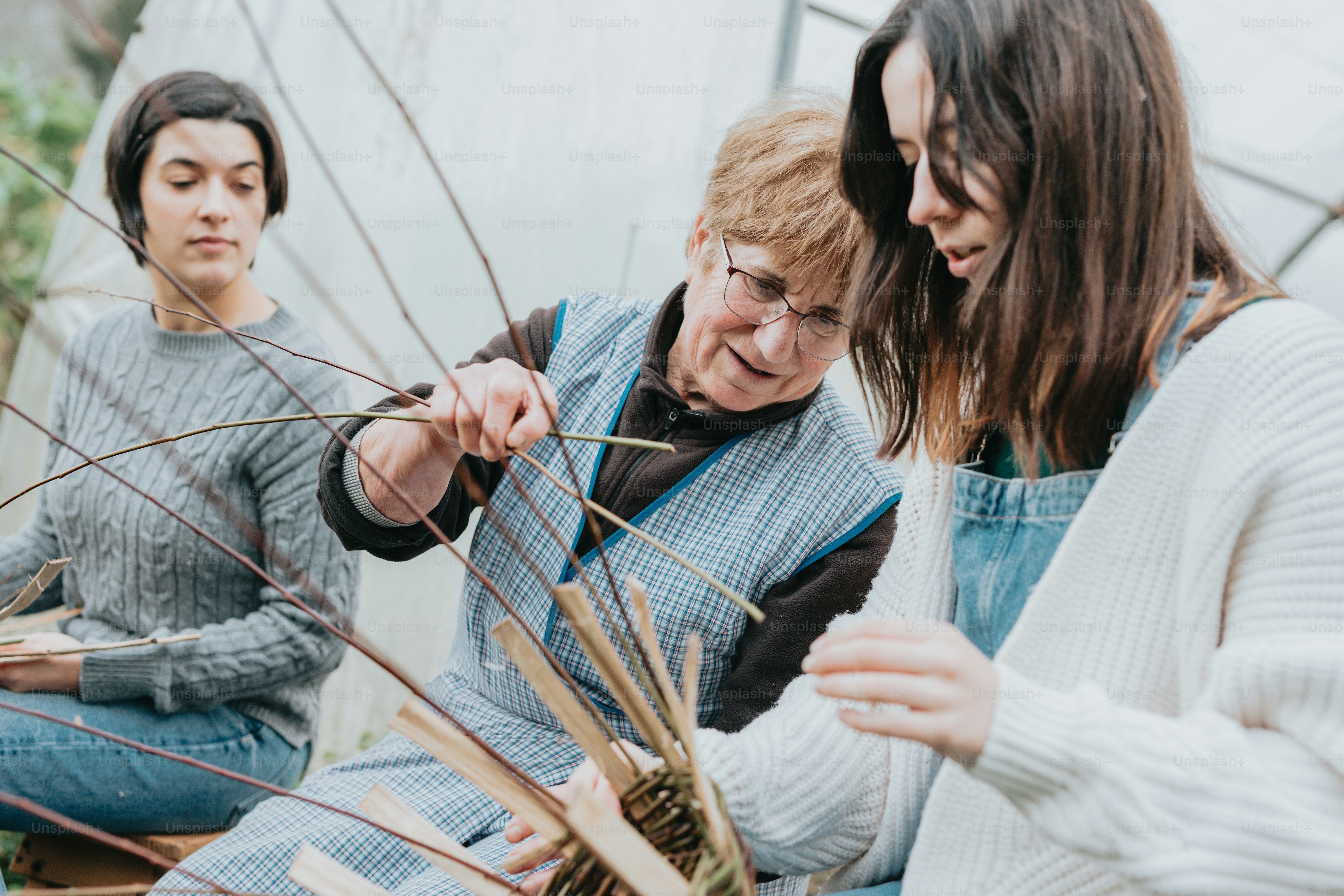 two women looking at plants in a greenhouse