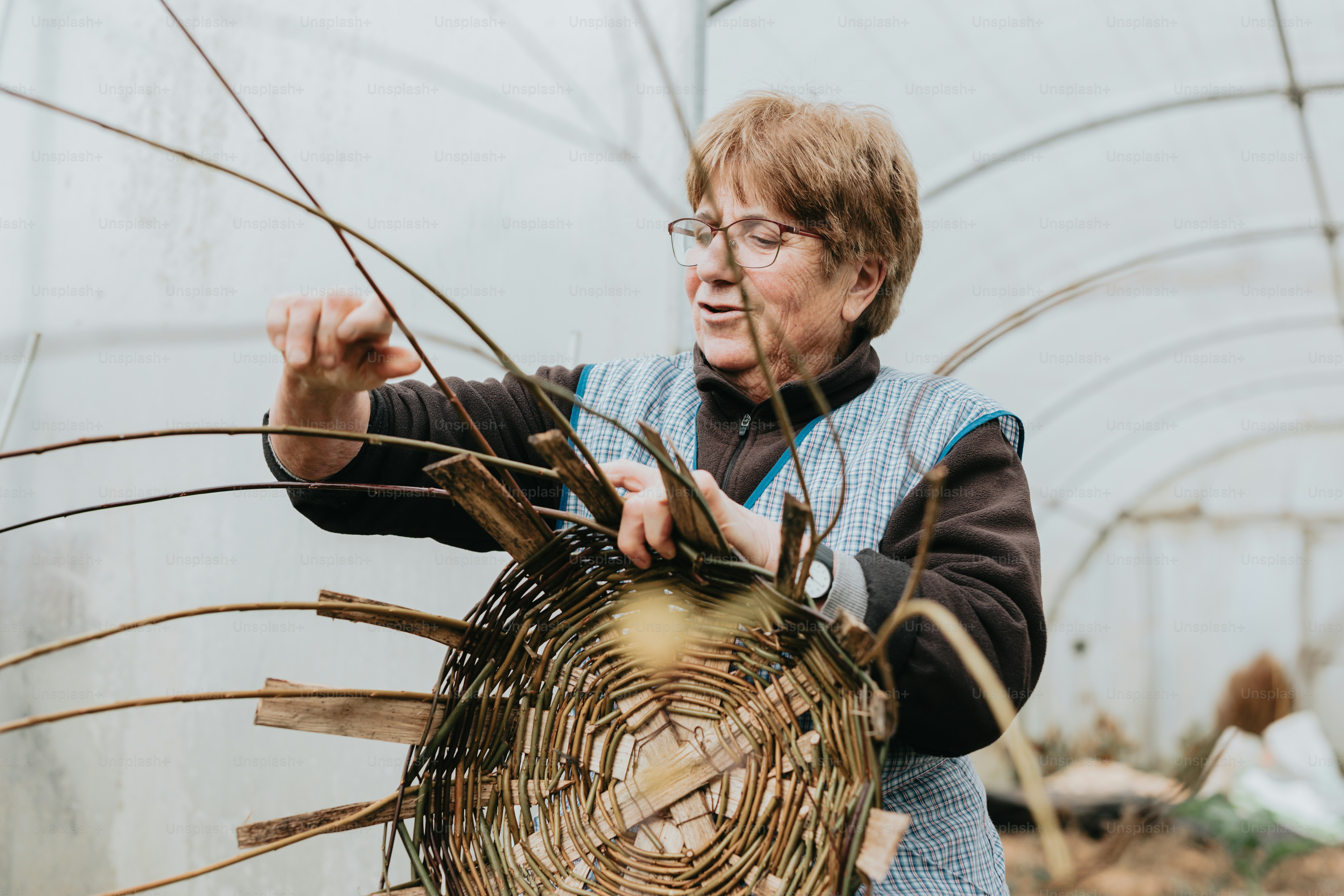A woman is holding a basket in a greenhouse photo – Elderly Image on ...