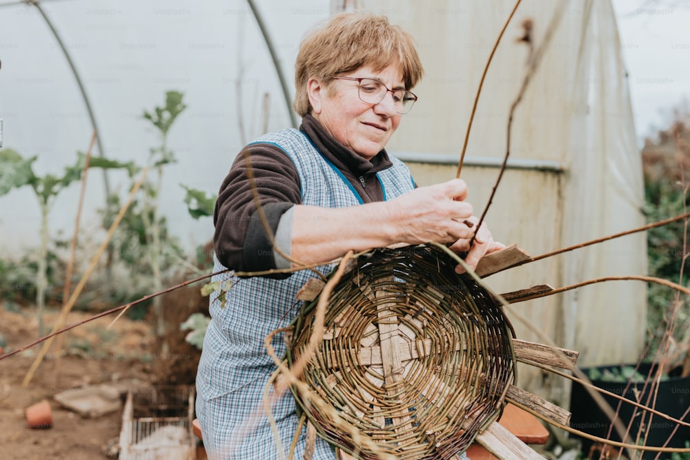a woman holding a basket in her hands