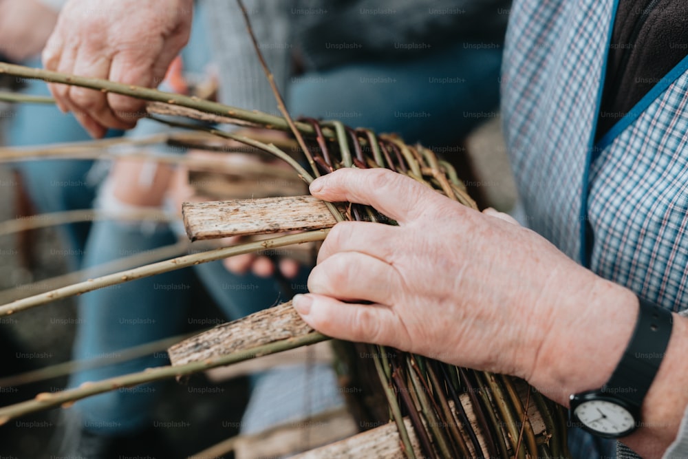 a close up of a person holding a bunch of sticks