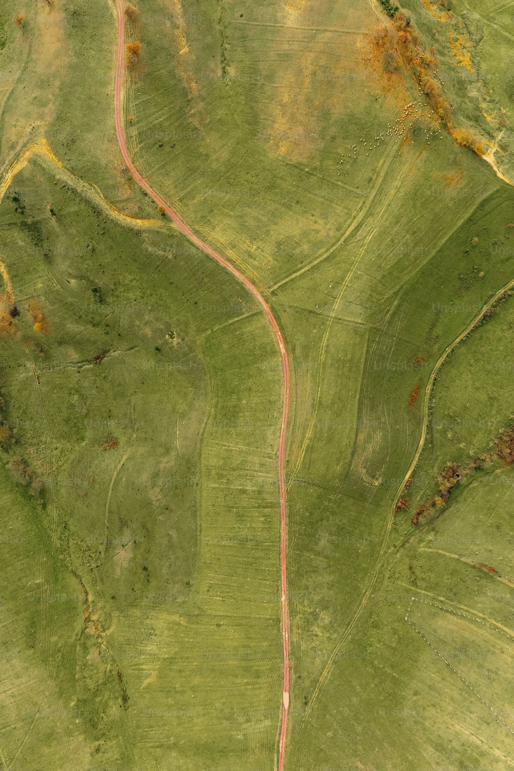 uma vista aérea de uma estrada sinuosa no campo
