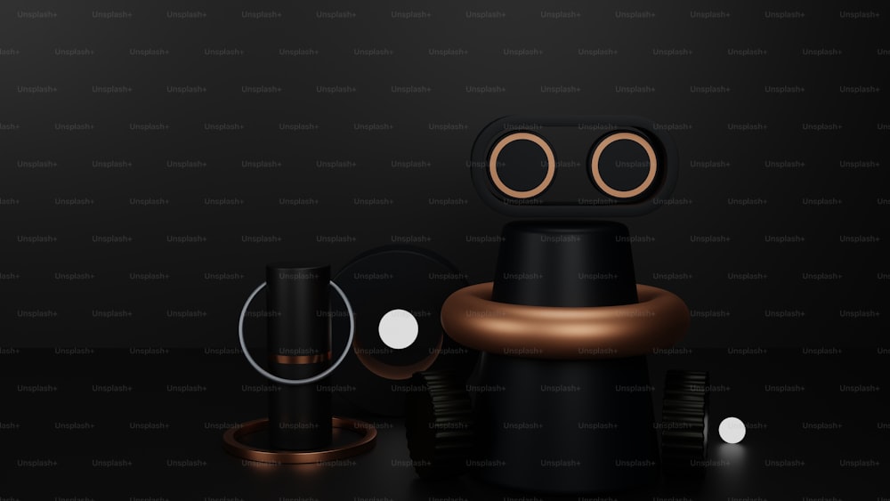a black and brown robot with two round eyes