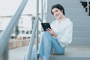 a woman sitting on a stair case holding a tablet