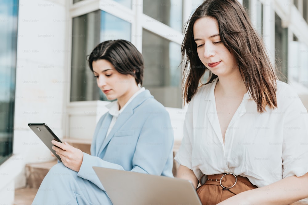 Zwei Frauen, die auf Stufen sitzen und auf ein Tablet schauen