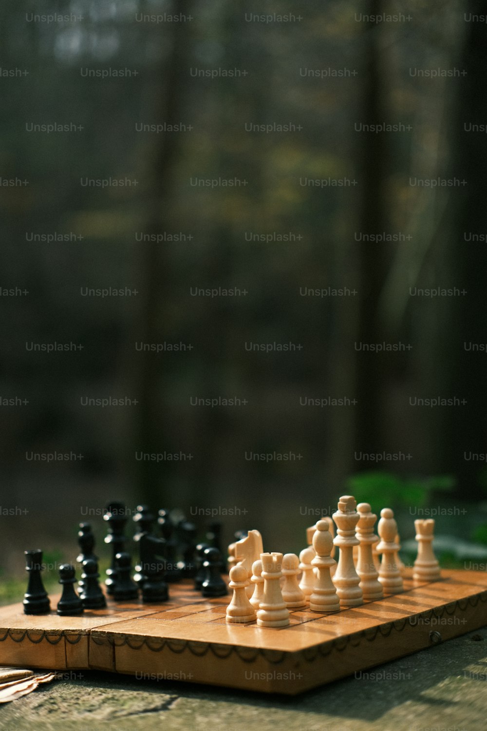 a wooden board with a chess set on it
