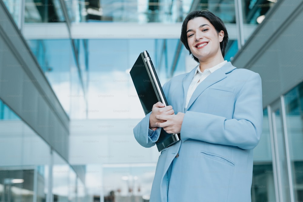 a woman in a blue suit holding a folder