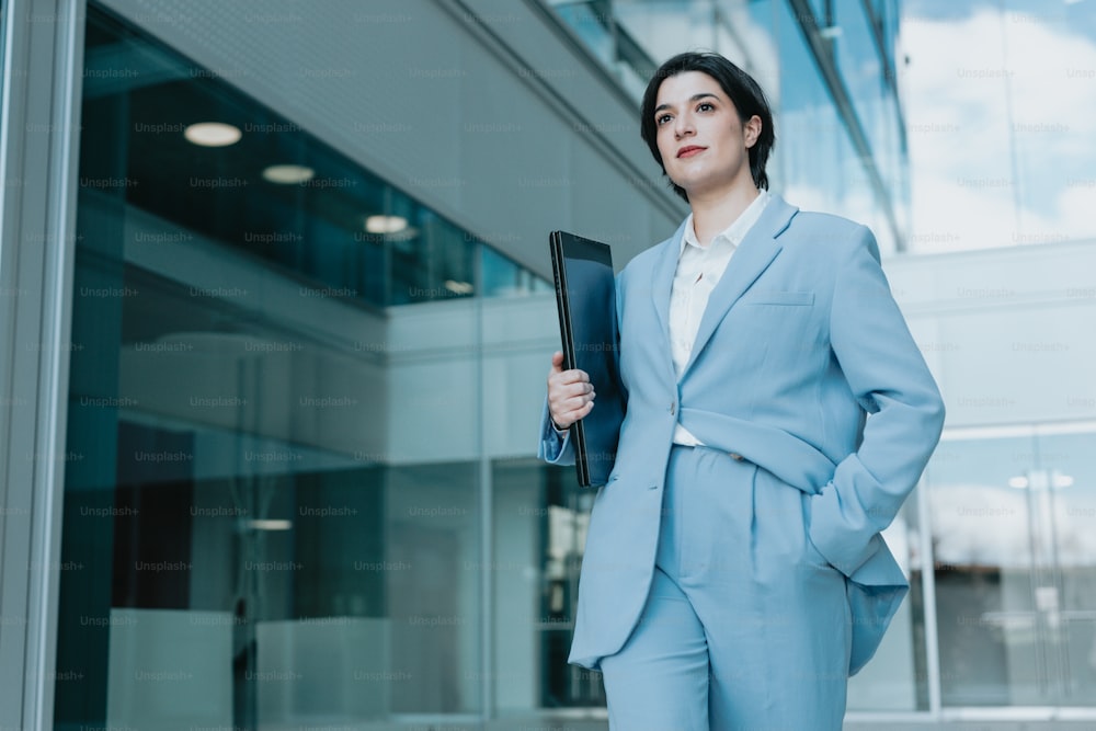 a woman in a blue suit holding a folder