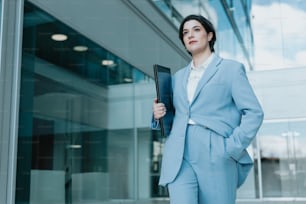 a woman in a blue suit holding a folder