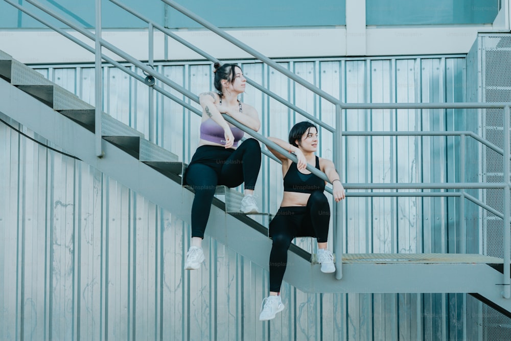 two women are sitting on a stair case