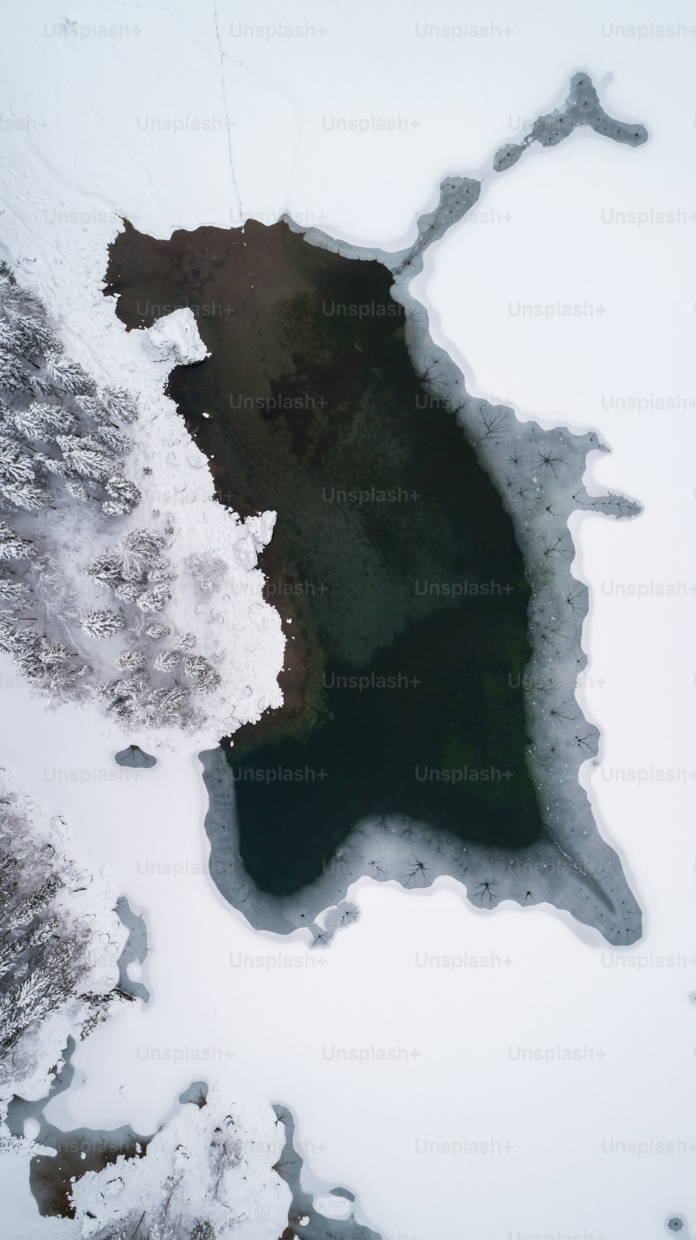 a large body of water surrounded by snow