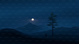 uma pessoa em pé no escuro com uma lua cheia no fundo