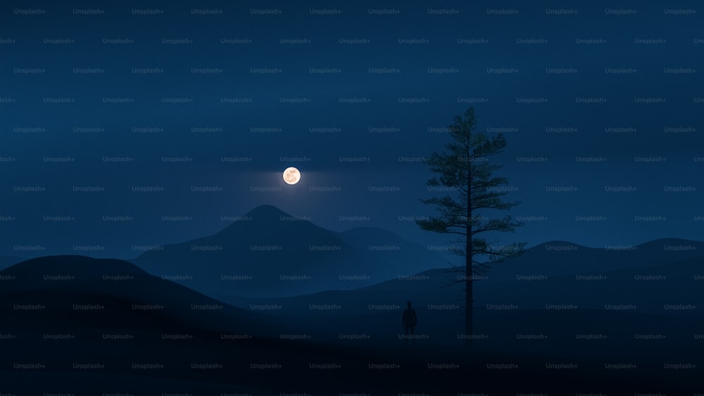 uma pessoa em pé no escuro com uma lua cheia no fundo
