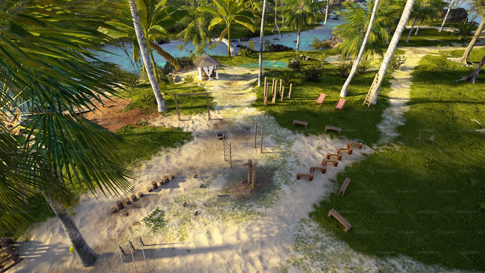 une vue aérienne d’un parc avec des bancs et des palmiers