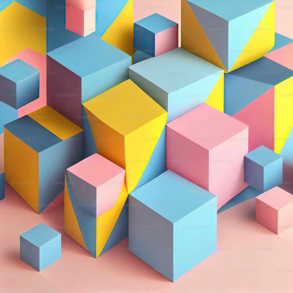 un tas de blocs de différentes couleurs sur une surface rose