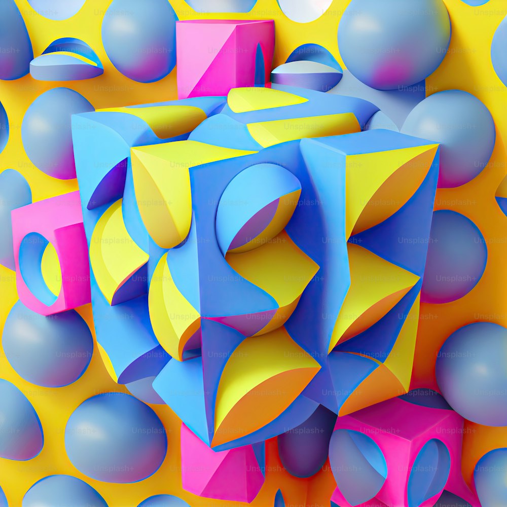 Ein abstraktes Gemälde aus blauen, gelben und rosa Formen