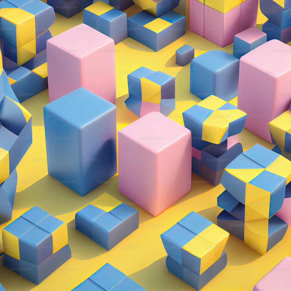un tas de cubes qui sont sur une surface jaune
