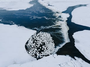 an aerial view of a river in the snow