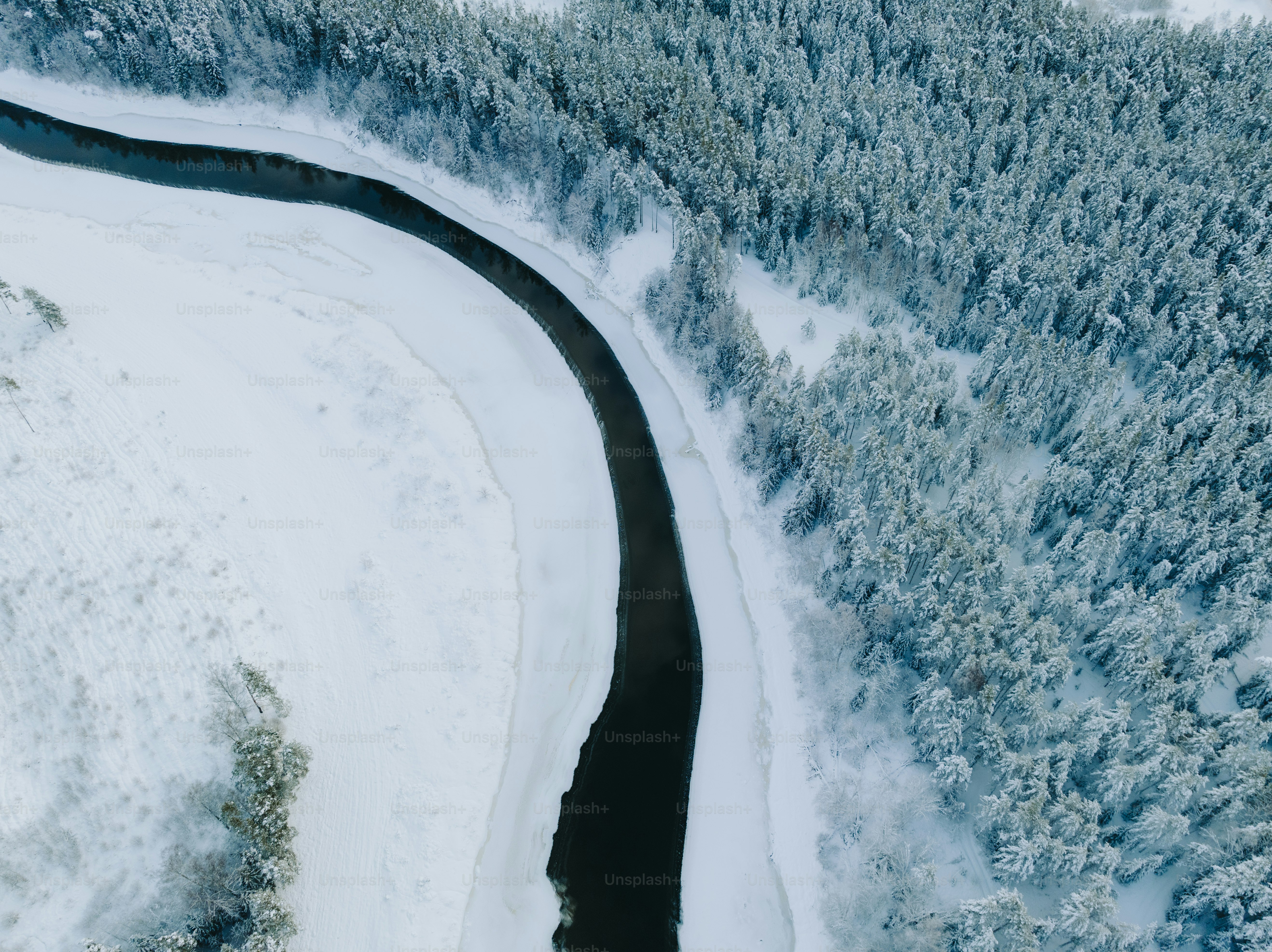 a river running through a snow covered forest