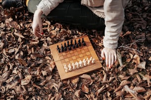 Una persona jugando una partida de ajedrez en el bosque