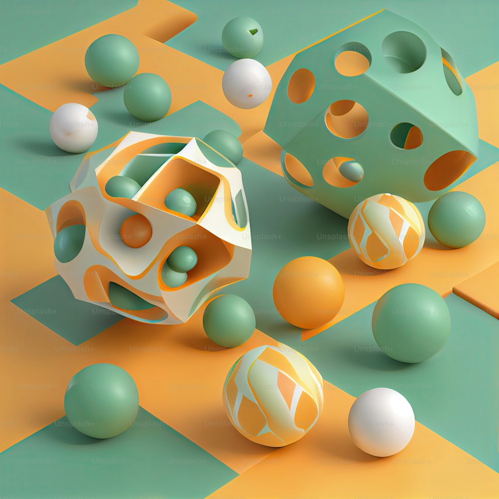 a bunch of balls and a cube on a table
