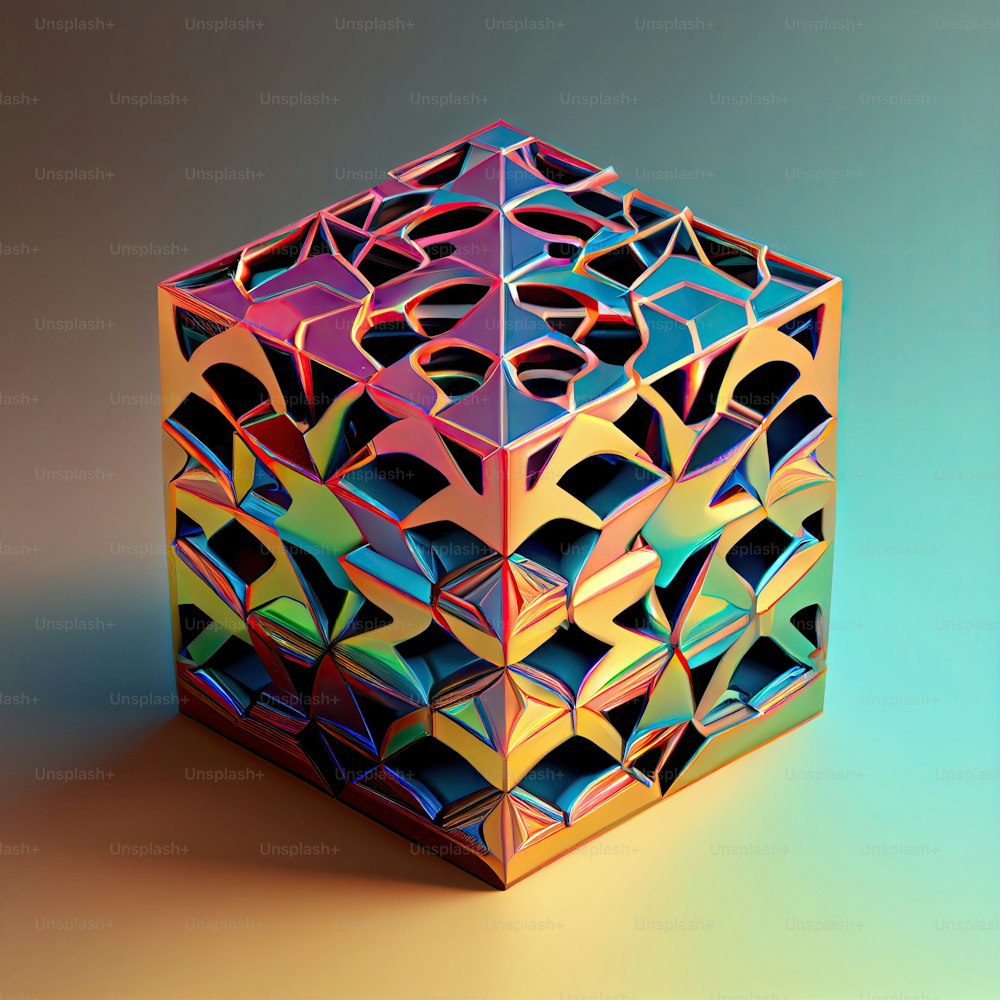 Un cubo multicolore seduto sopra un tavolo