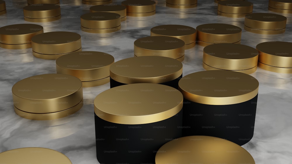 a group of black and gold stools sitting on top of a marble floor