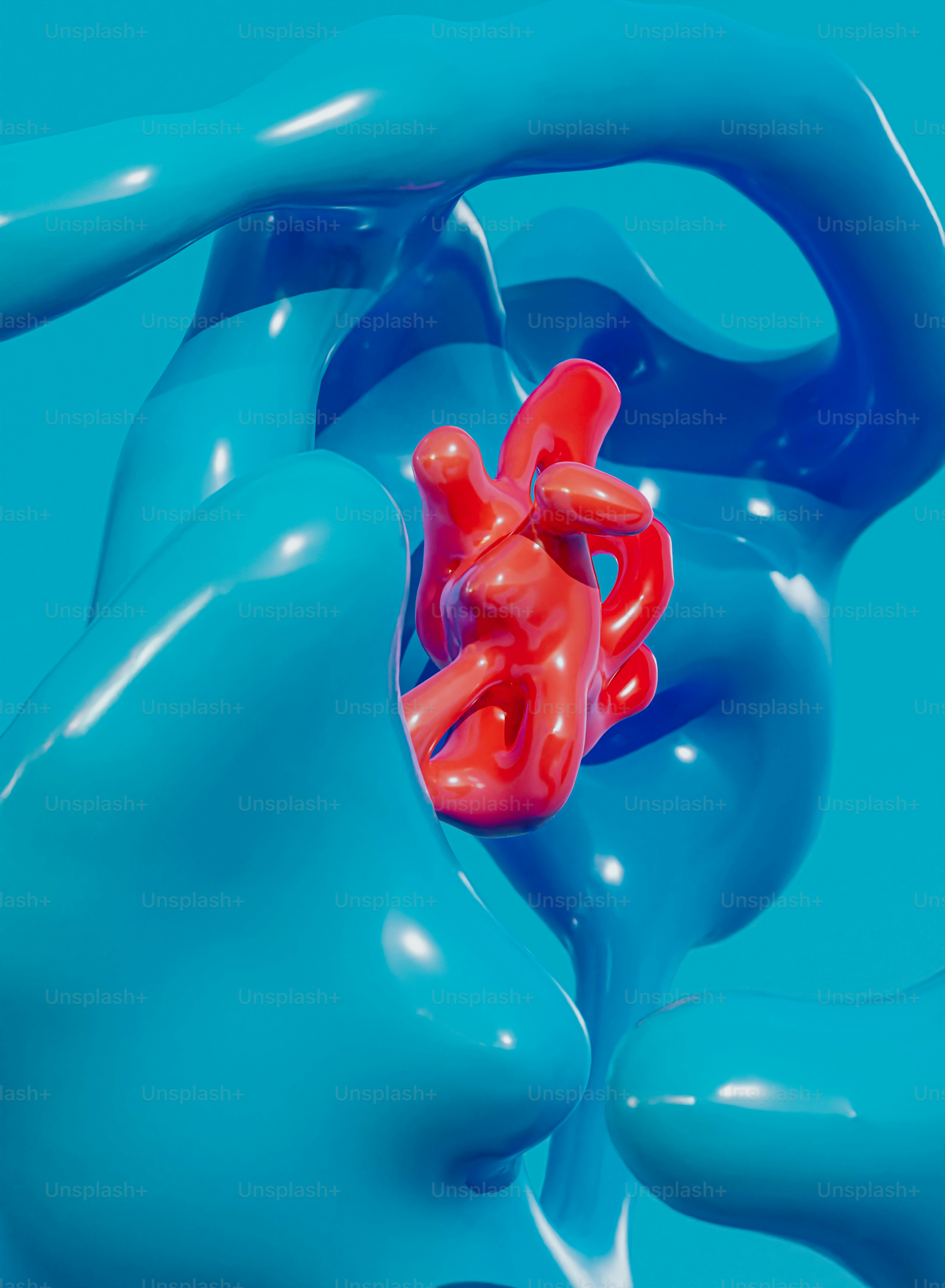 a blue sculpture with a red figure in the middle of it