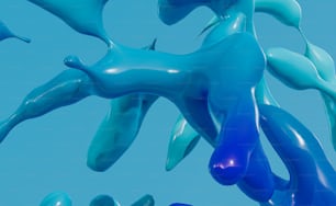 空中に浮かぶ青い風船の束