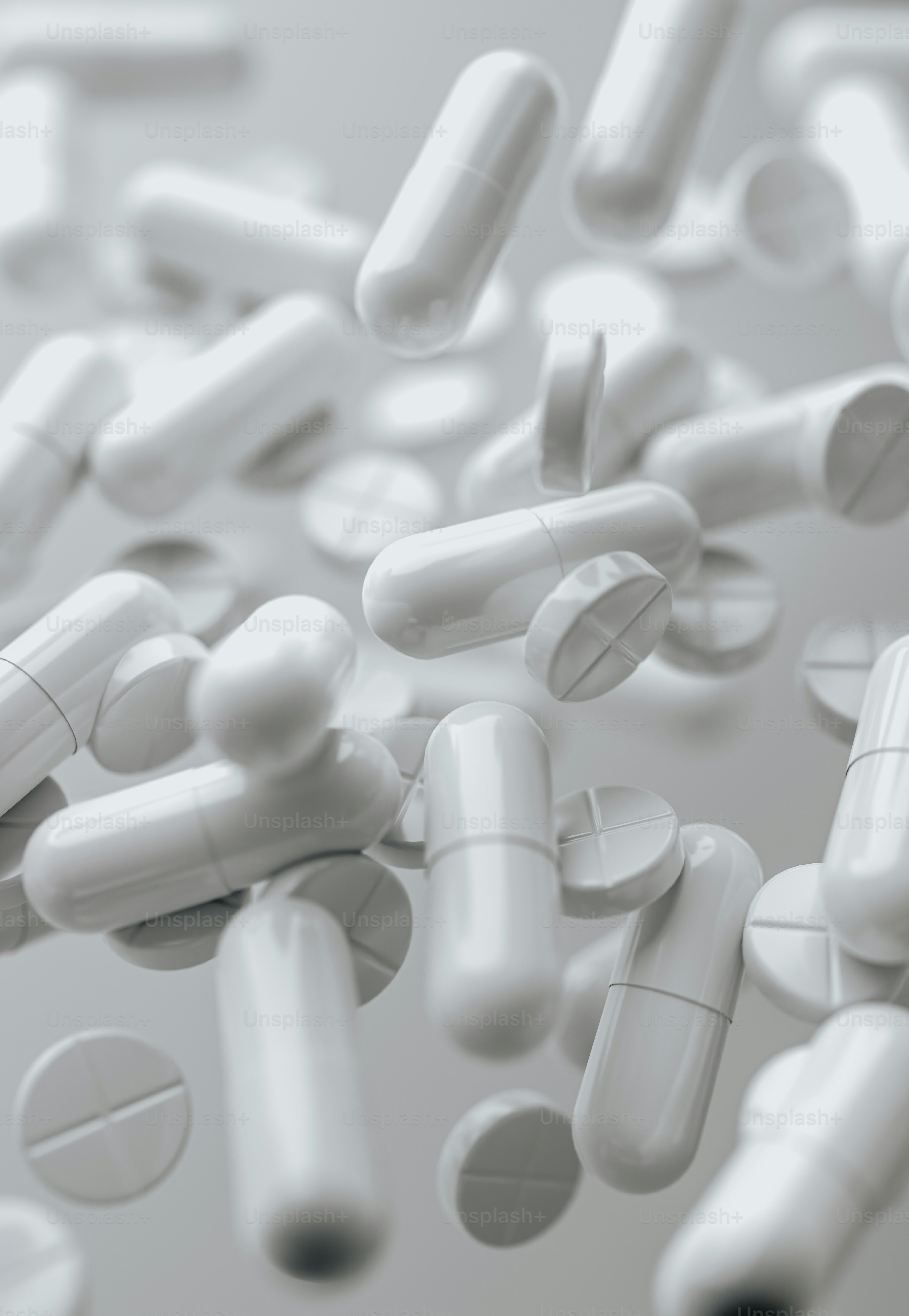 서로의 위에 흩어져있는 하얀 알약의 무리