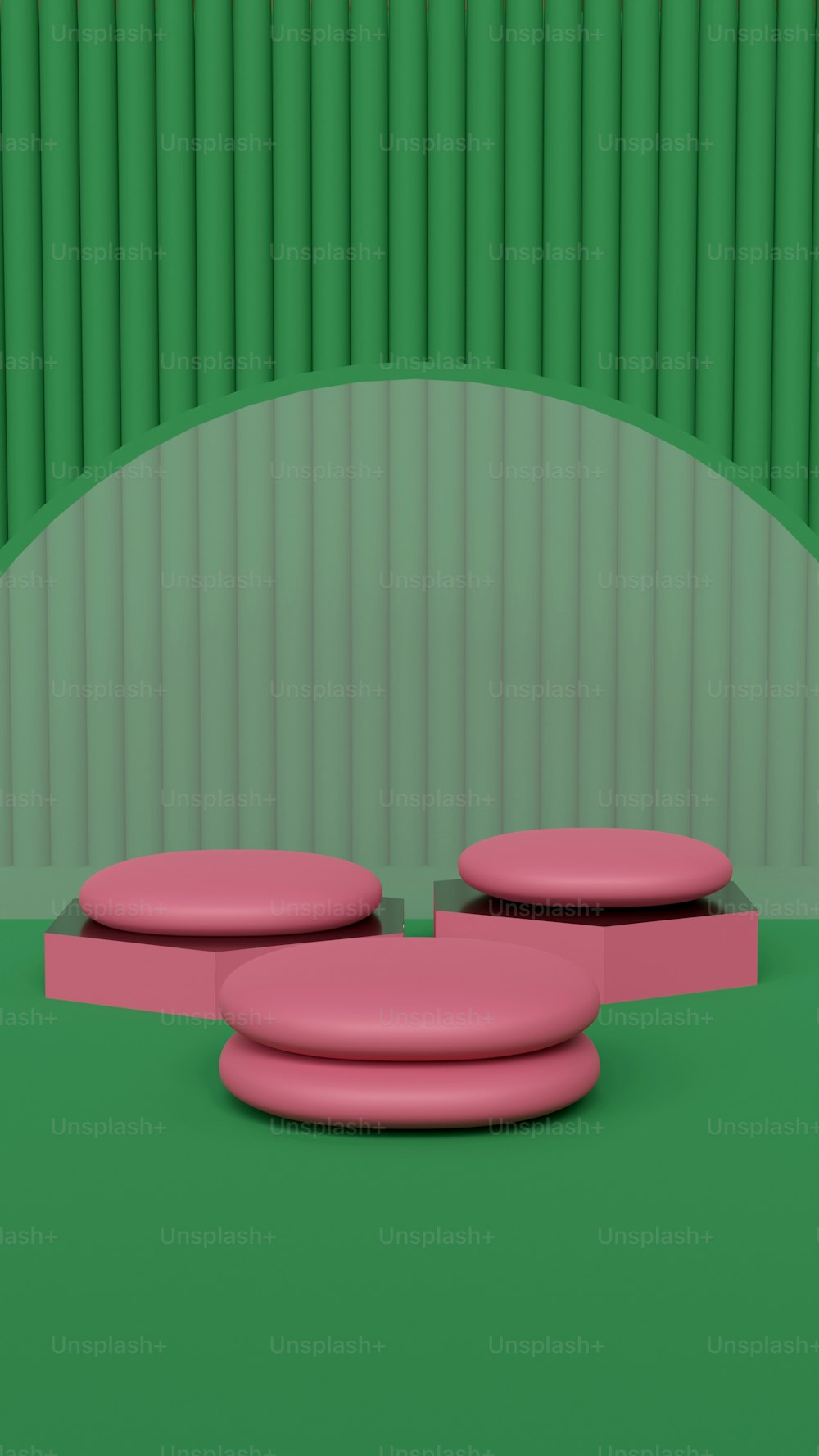 a pink object sitting on top of a green floor