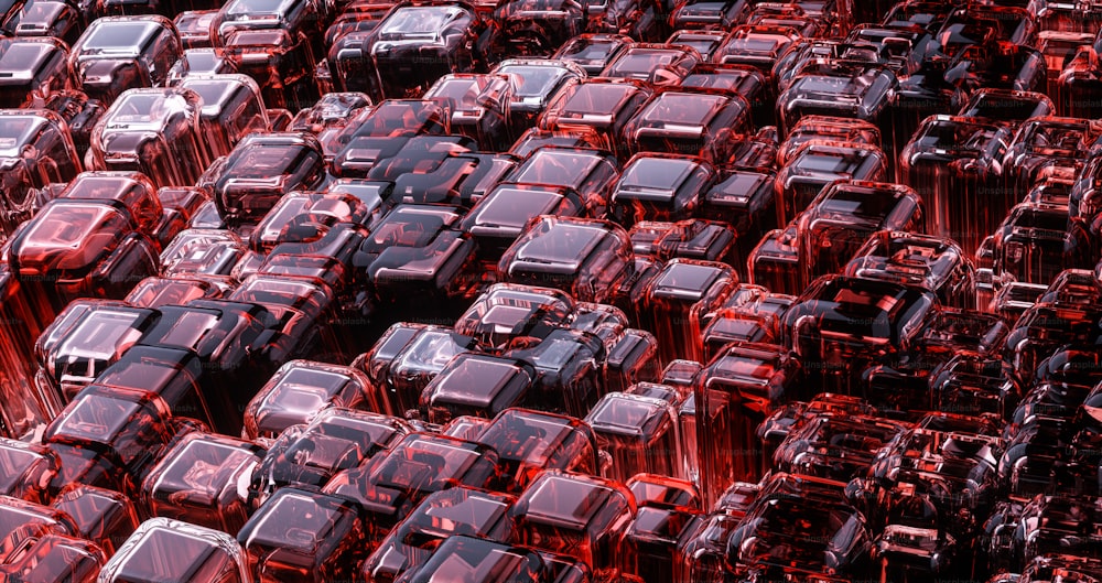 a large group of different sized objects in red and black