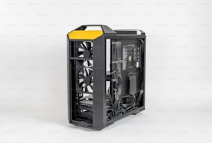 a black and yellow computer case on a white background